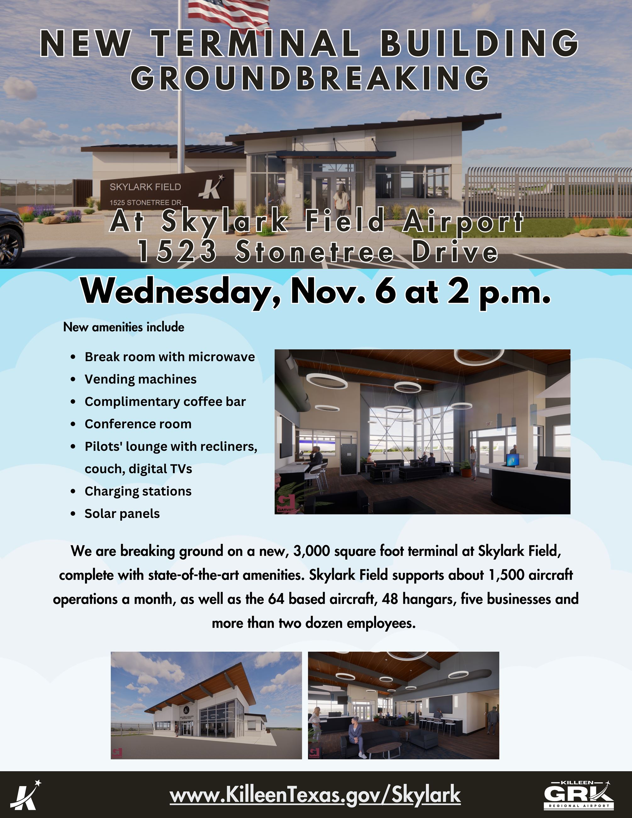 Skylark Field Groundbreaking flyer showing renderings of future terminal building