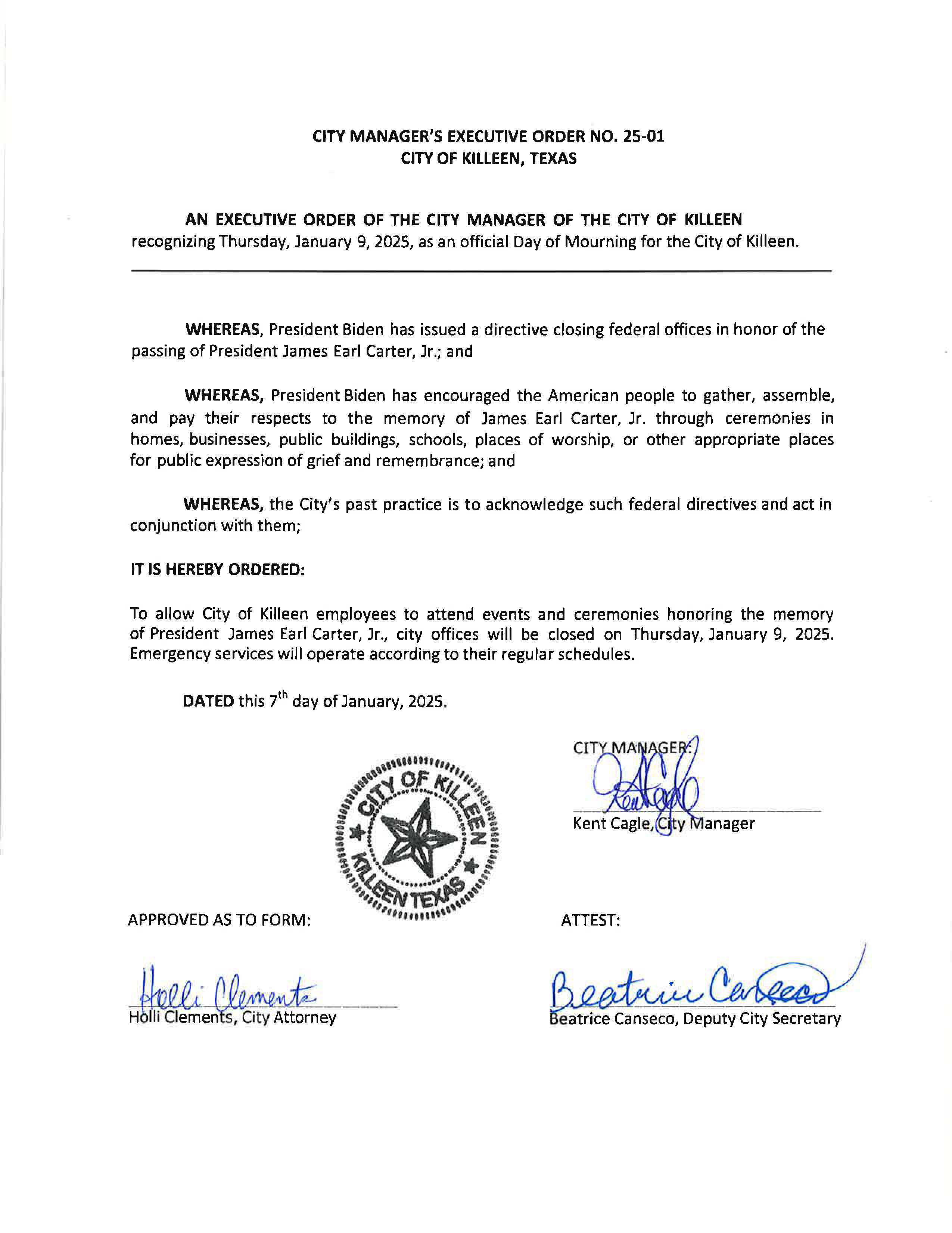 Executive Order 25-01 National Day of Mourning 1-9-25